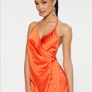 Orange Satin Halterneck Wrap Dress